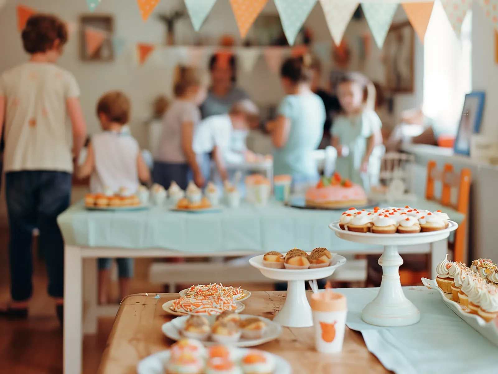 A table set up for a celebration with children nearby