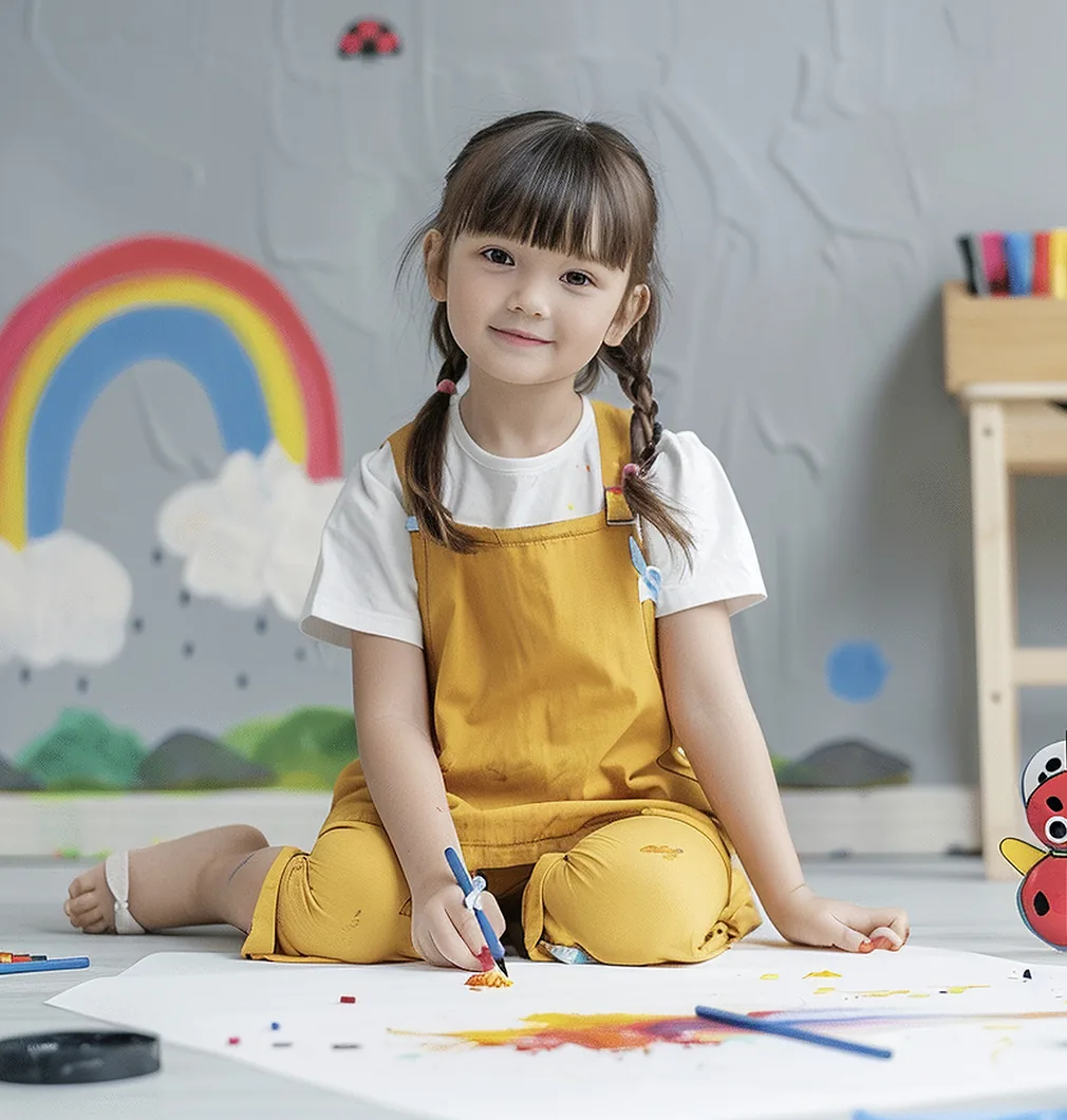A child drawing on paper on the floor of a home
