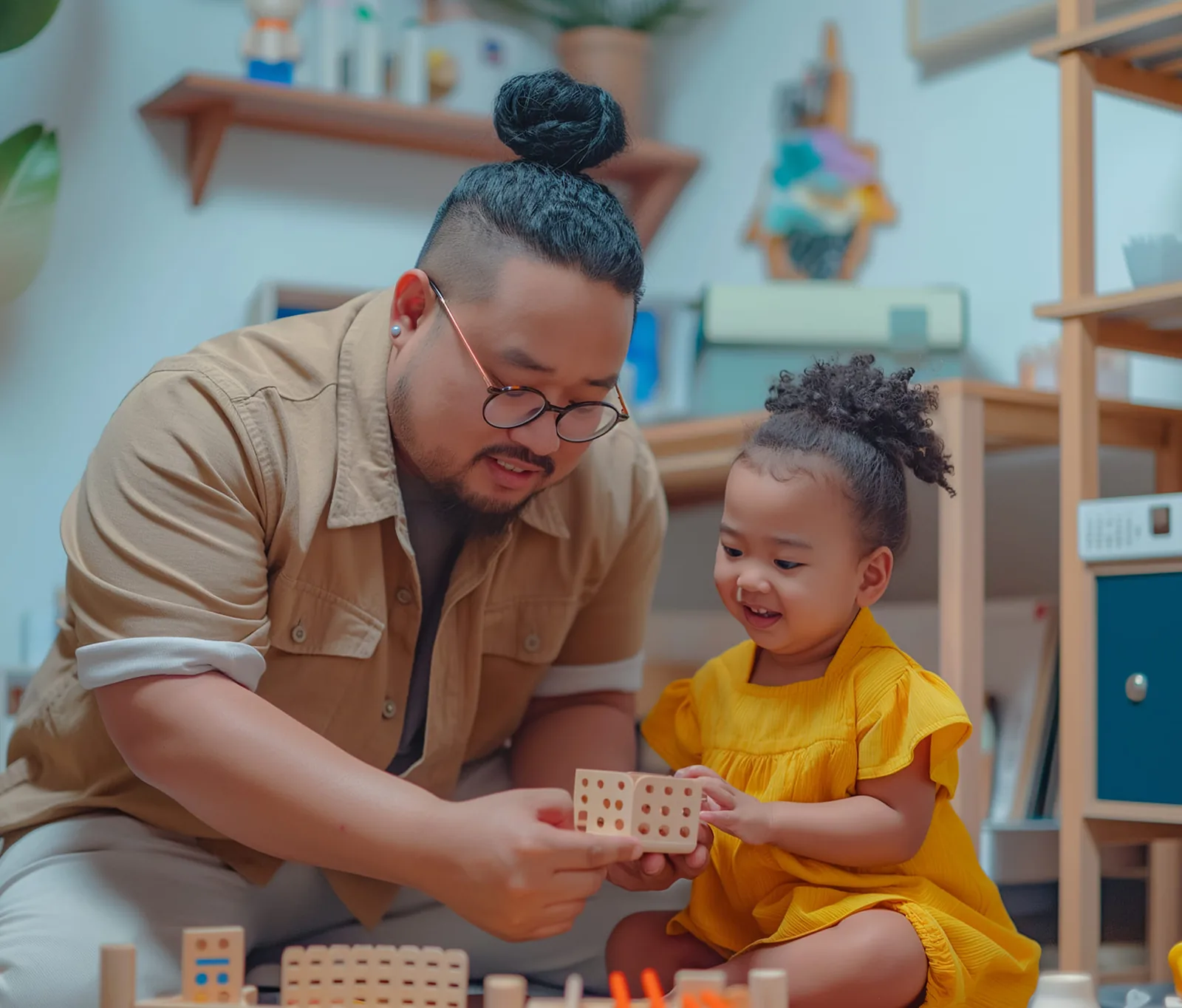An educator sitting with a young child, sharing an activity together