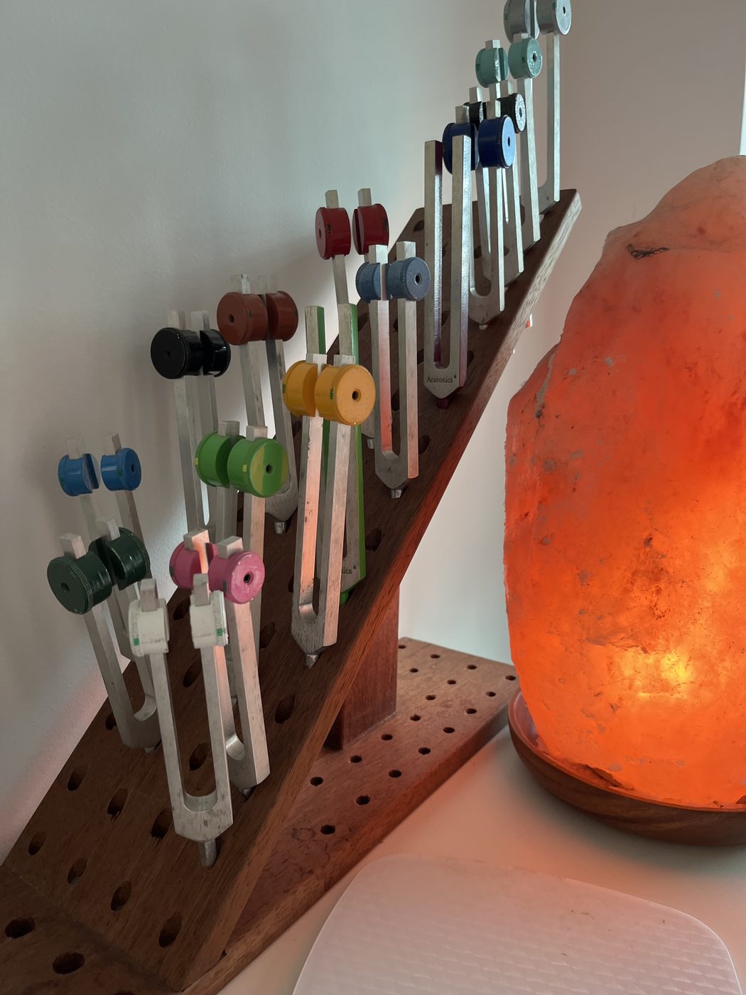 Tuning forks and salt lamp in the treatment room