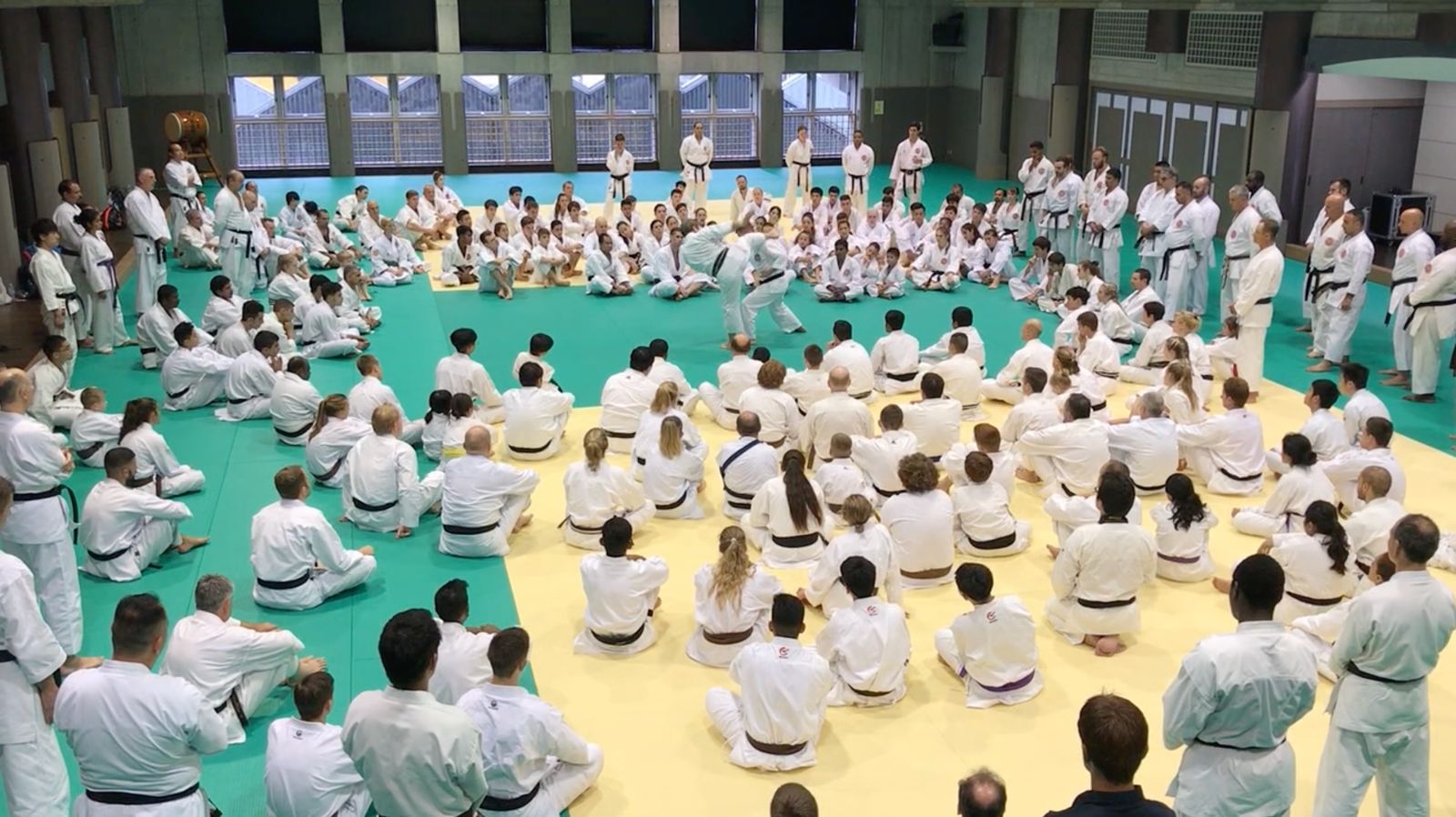 A WSKF seminar seen from above, with a large group of students seated around the mat watching a demonstration